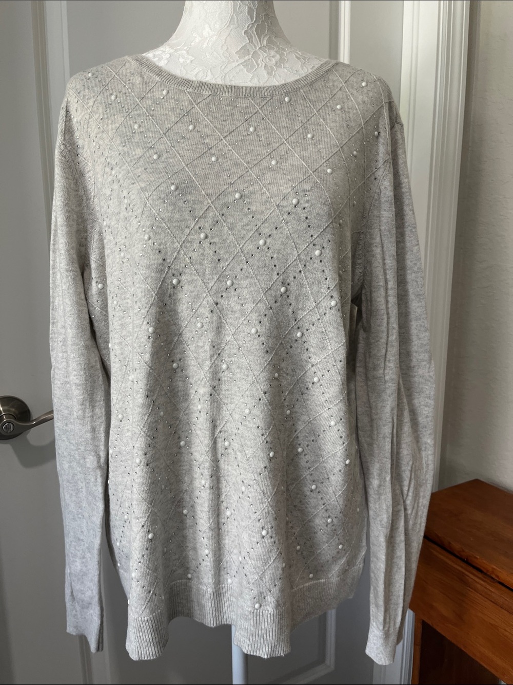 Elle Light Gray Pearl-Embellished Crewneck Sweater